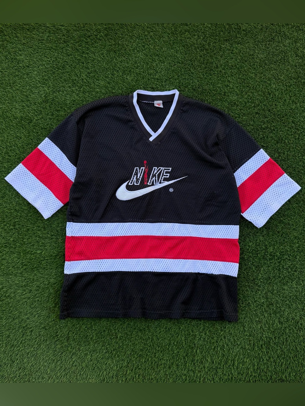Vintage 90s Nike Hockey Style Mesh Jersey Black/Red Swoosh Logo Pullover Size XL